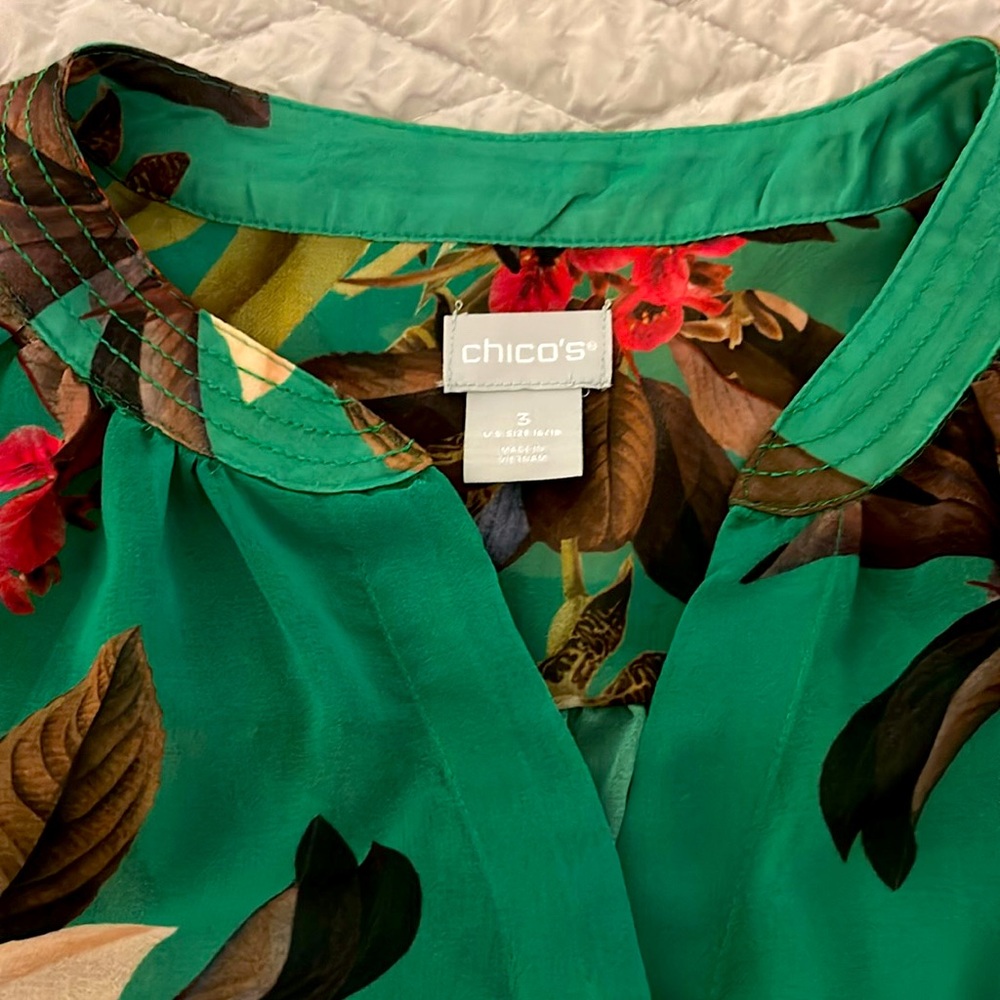 Chico's Green Floral Top with Red and Brown Accents - Picture 2 of 5